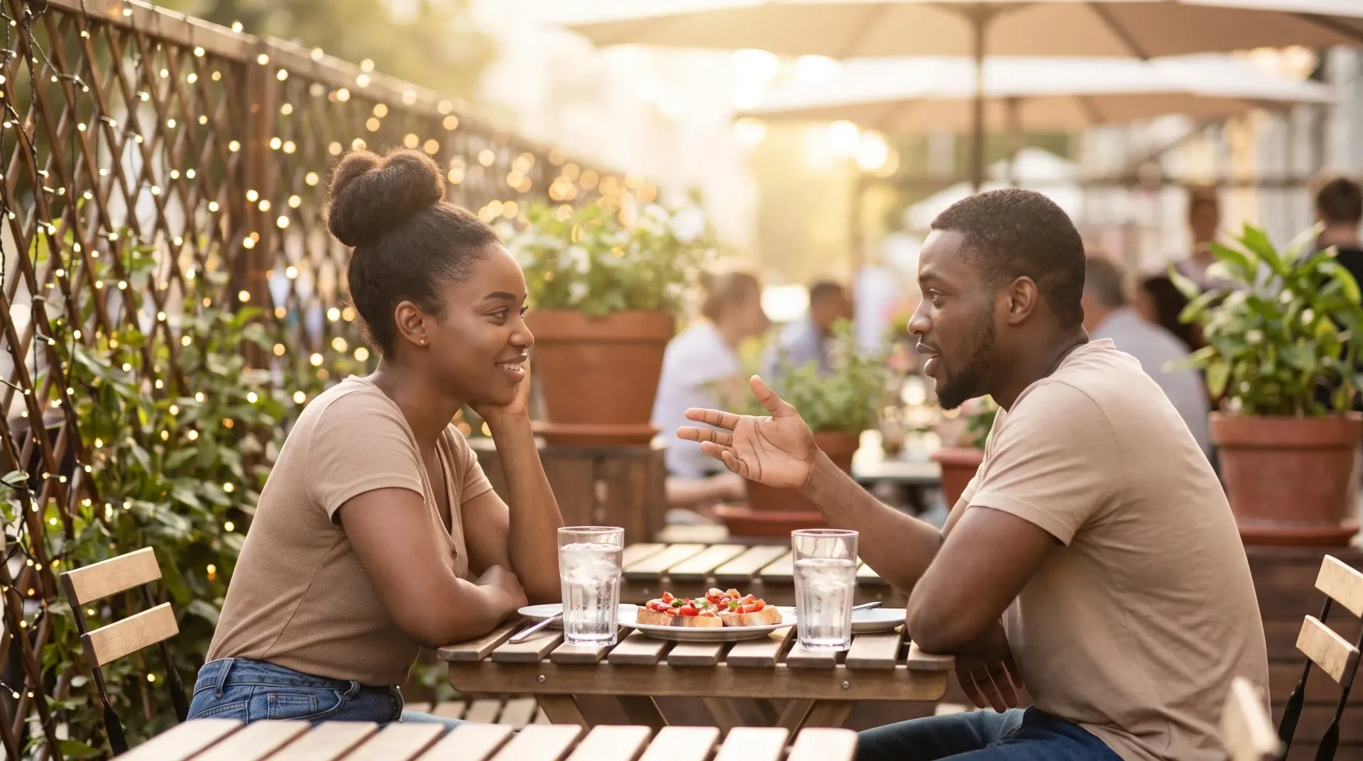 Engaged couple in their late twenties at an outdoor restaurant table in golden light, leaning in while one listens closely