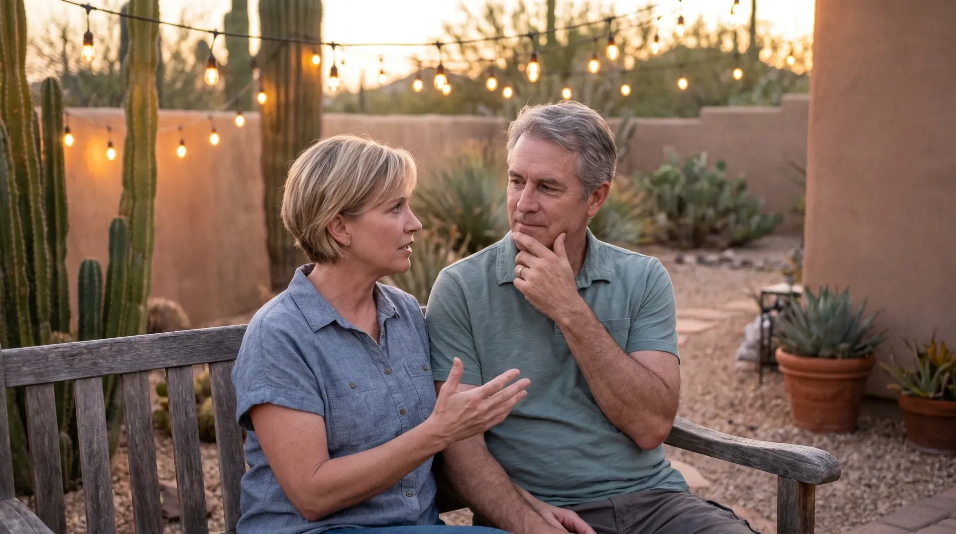 Married couple in their late forties on a backyard patio bench in the evening, in a calm honest conversation