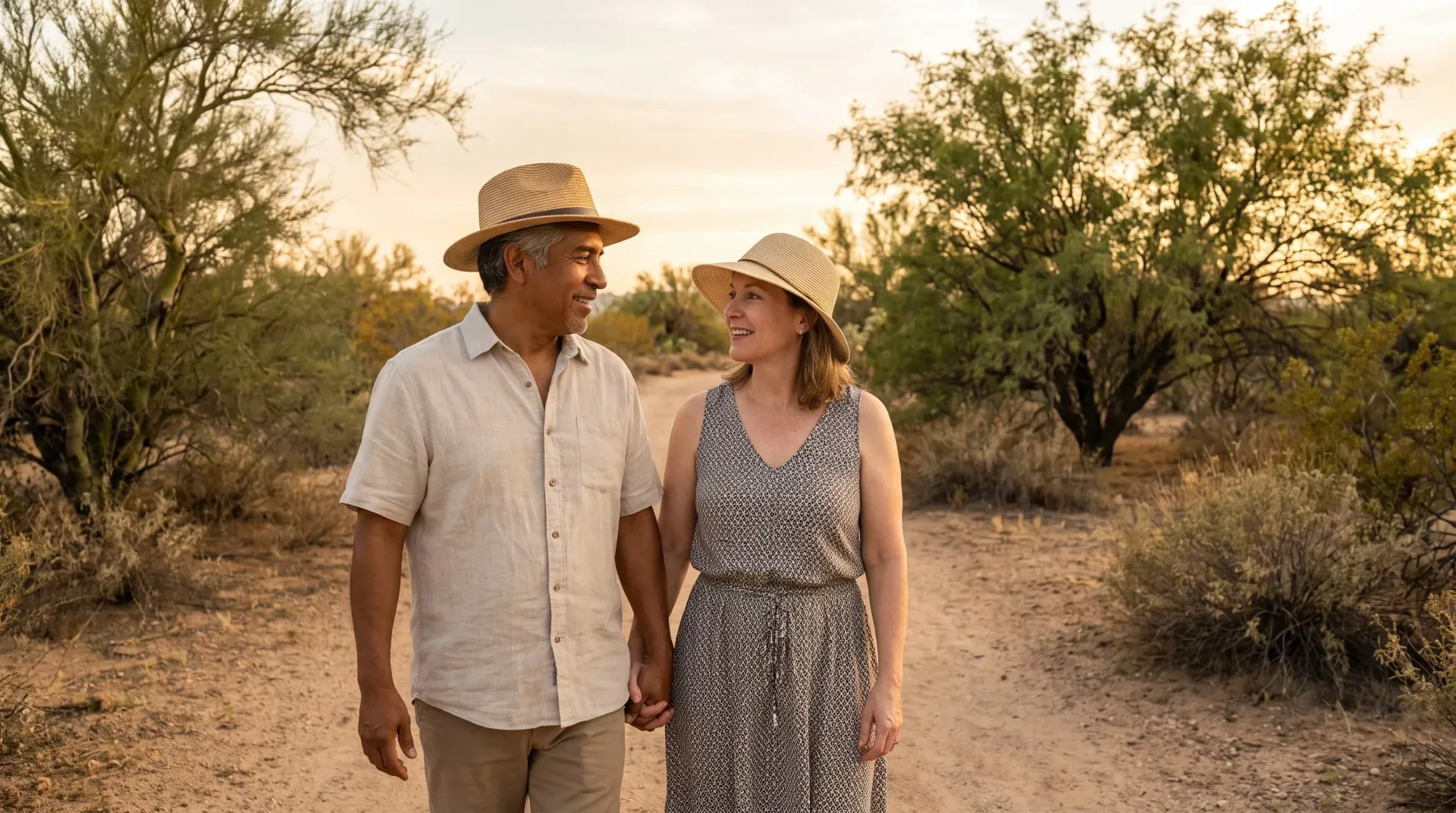 Married couple in their mid fifties walking hand in hand on a wide dirt desert trail in golden light