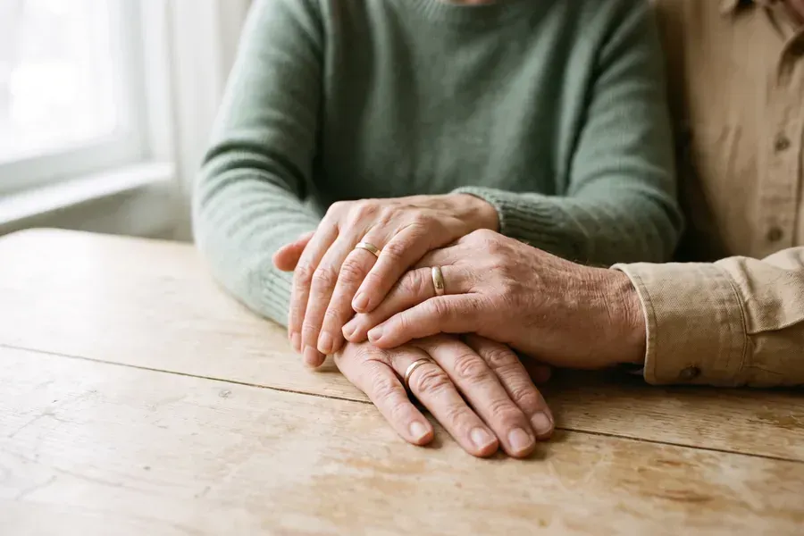 Close up of a husband and wife holding hands across a table while talking honestly at a Chandler marriage intensive