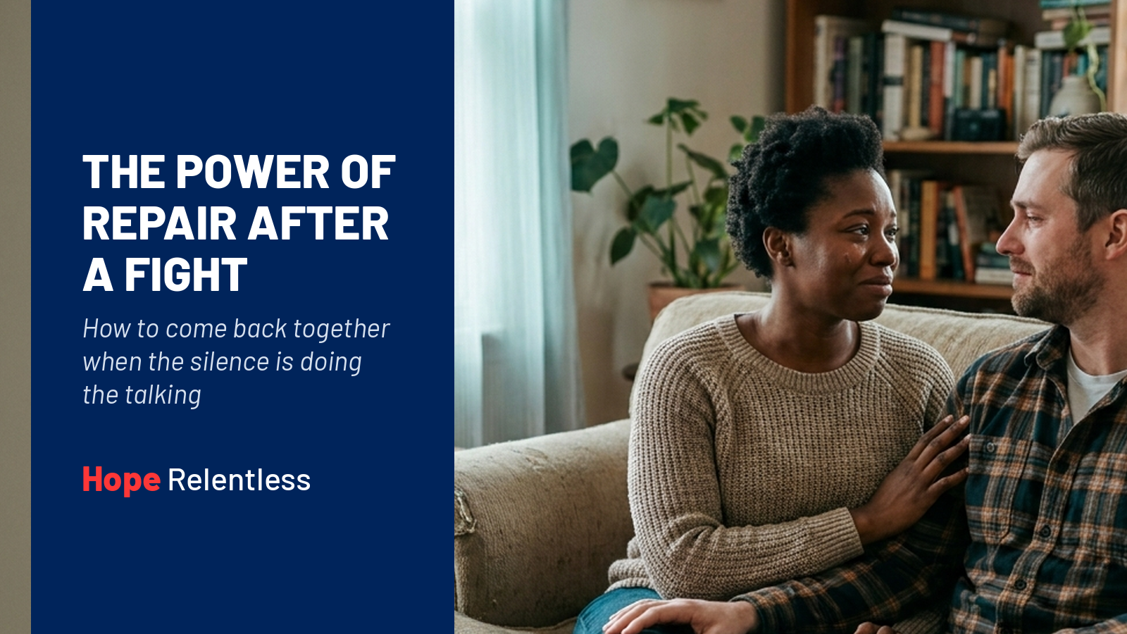 Christian couple reconnecting on the couch after an argument,