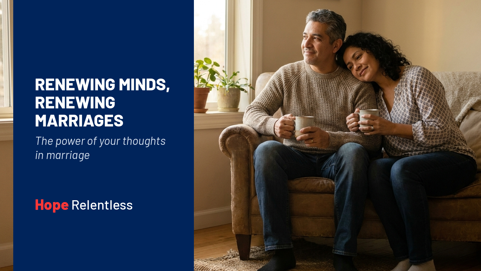 Husband and wife sitting by a sunny window with coffee, renewing their thoughts about each other in 