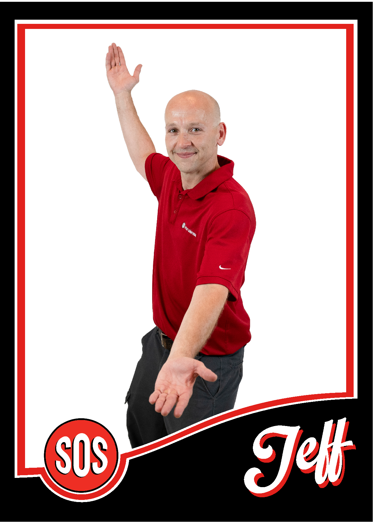 Pat is bed bug technician with his arms spread out.