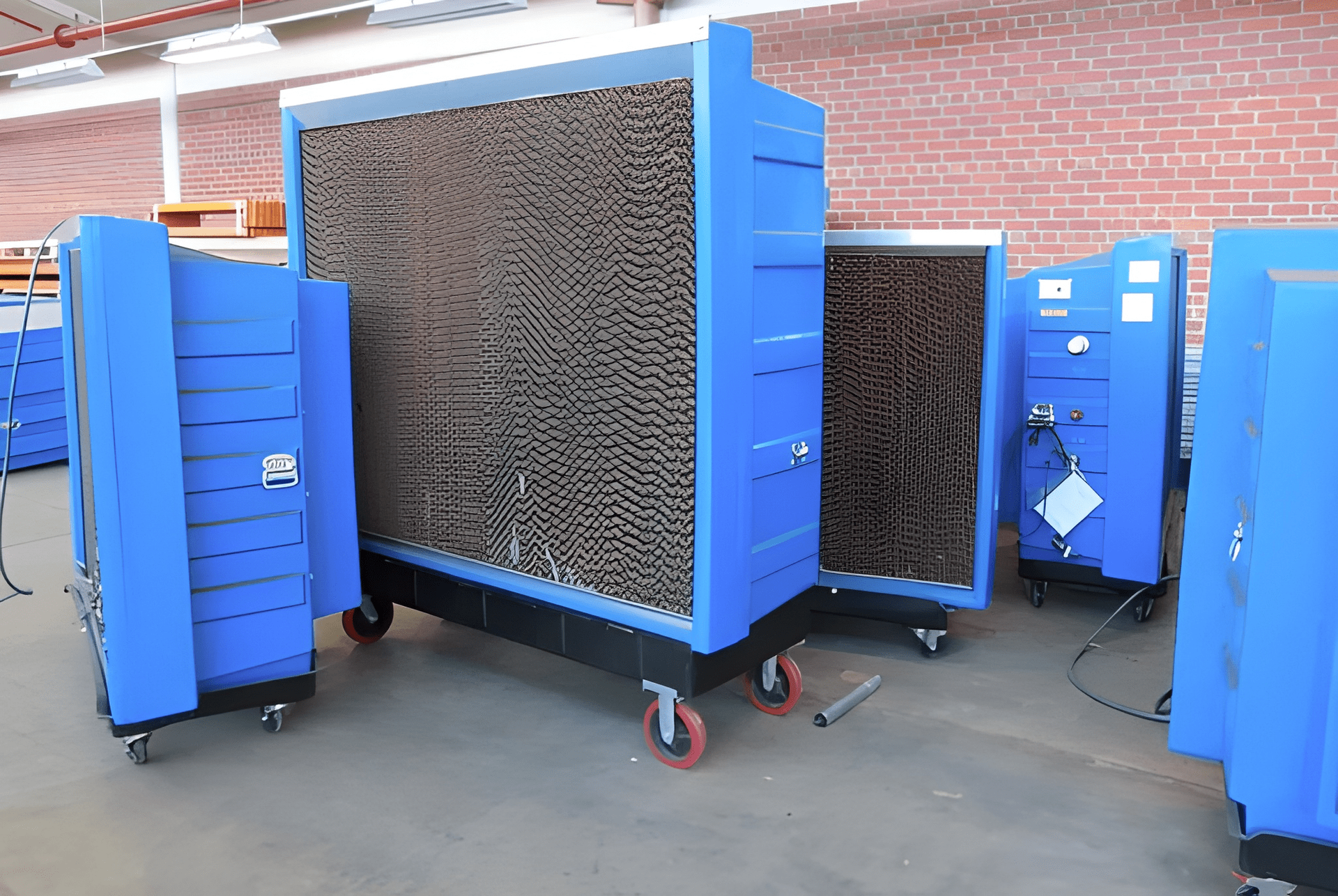 Blue Industrial Evaporative Coolers on Wheels, Indoors Near a Brick Wall — Cumming Airconditioning & Sheetmetal in Ryan, QLD