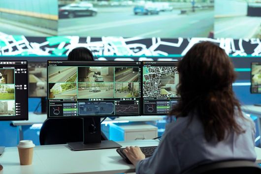 Pessoa em frente a monitores de computador em uma sala de controle, visualizando transmissões de câmeras.