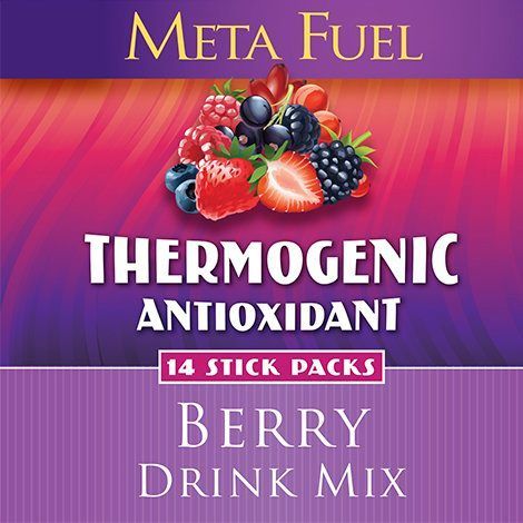 Box of Meta Fuel Berry Drink Mix, featuring berries and text: Thermogenic Antioxidant.