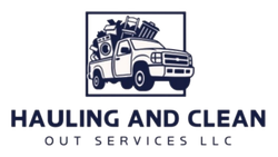 Hauling and Cleaning Services LLC logo with blue house and gray-blue truck icon