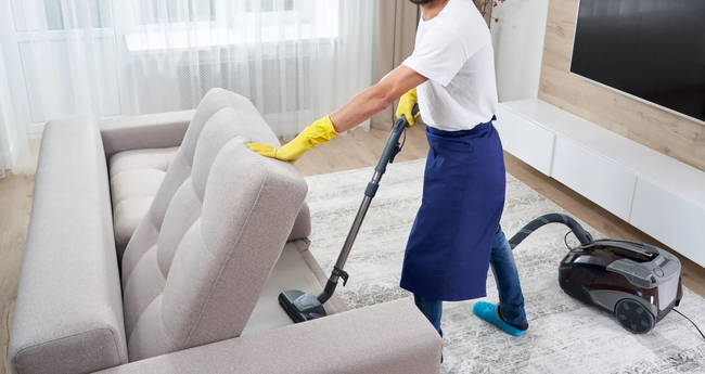 Person vacuuming a light gray sofa in a bright living room with yellow gloves and blue pants