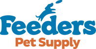 Feeders Pet Supply logo in blue and orange with a leaping cat silhouette