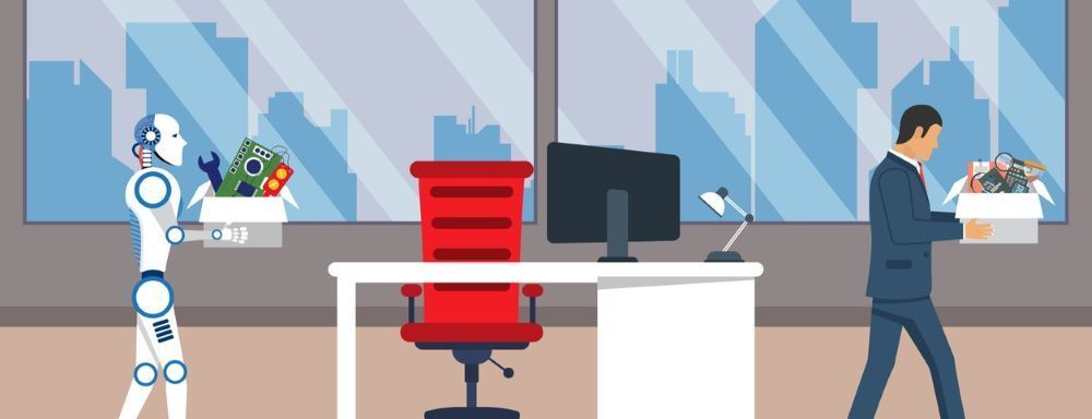 Illustration of a robot carrying office equipment while an employee leaves with a box