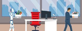 Illustration of a robot carrying office equipment while an employee leaves with a box