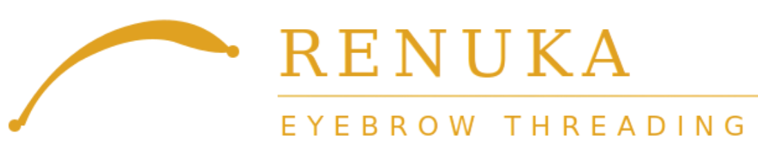 Renuka Eyebrow Threading logo in gold with stylized eyebrow arc and text on white background