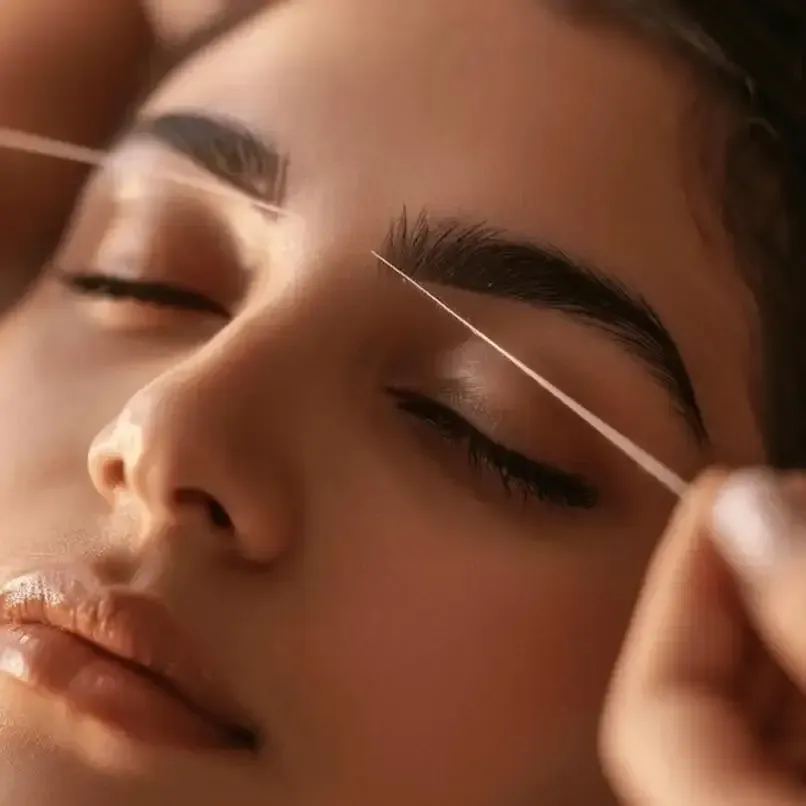 Close-up of a person with closed eyes while tweezing an eyebrow with a small tool