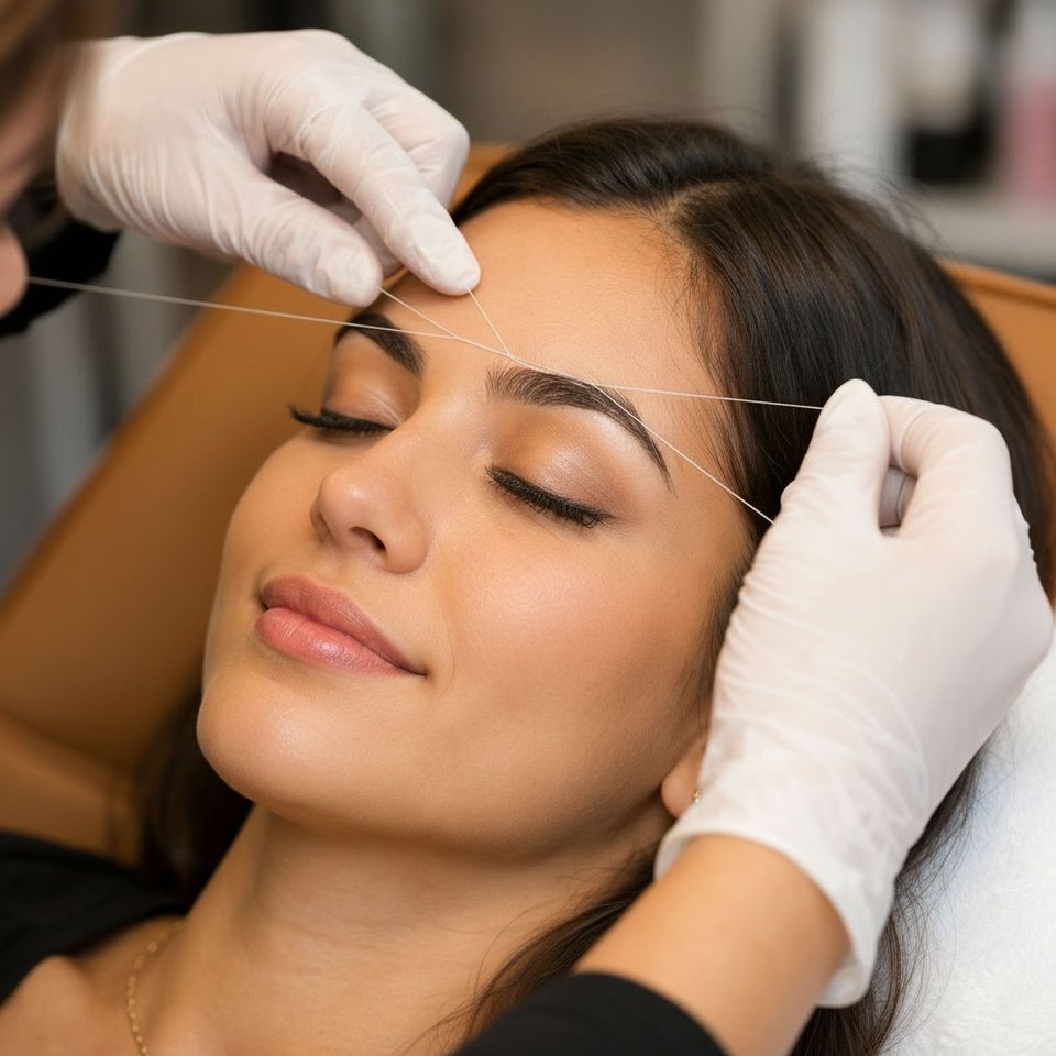 Hands applying tweezers to shape a person’s eyebrow while they recline on a treatment bed