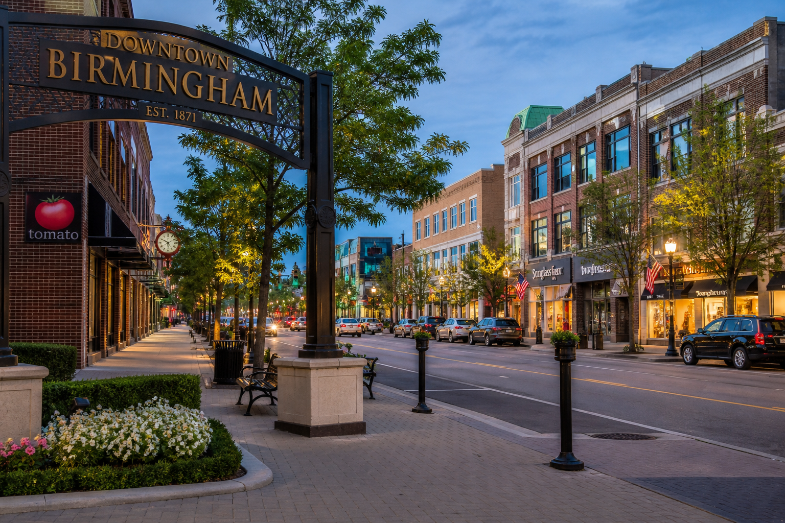 Downtown Birmingham, Michigan streetscape with shops, restaurants, and luxury storefronts along Old Woodward Avenue at dusk