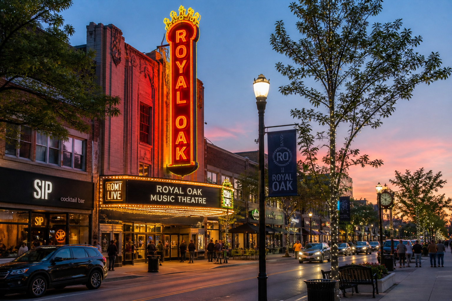 Royal Oak Music Theatre and downtown Royal Oak nightlife scene with restaurants, bars, and evening traffic in Michigan