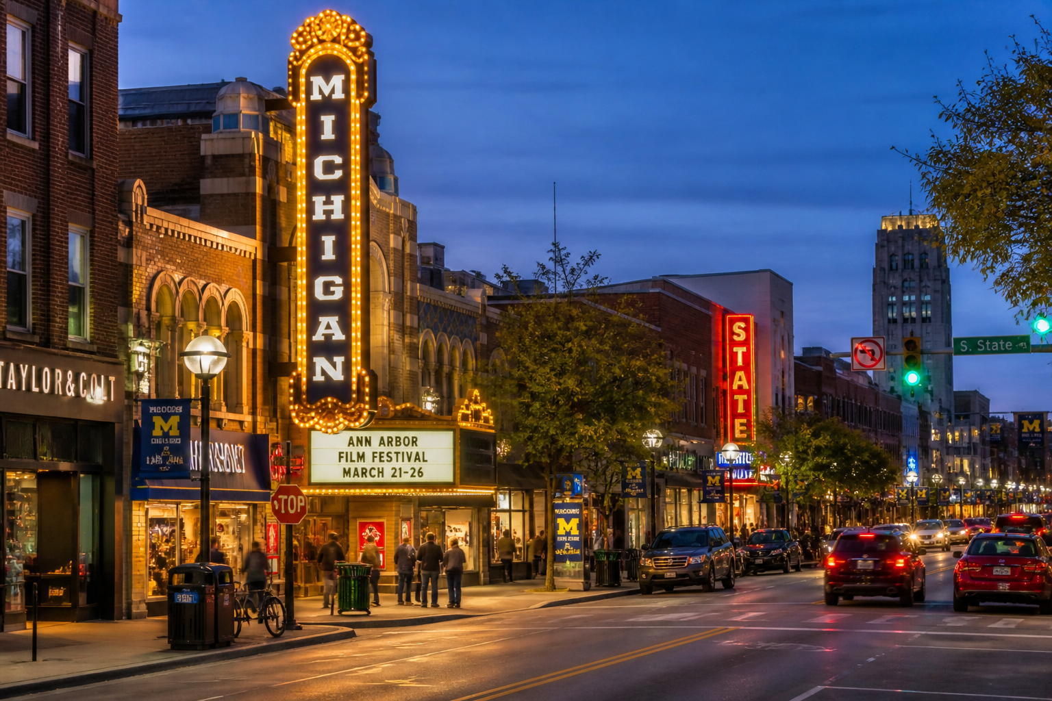 Downtown Ann Arbor Michigan featuring the Michigan Theater marquee and active Main Street nightlife at dusk