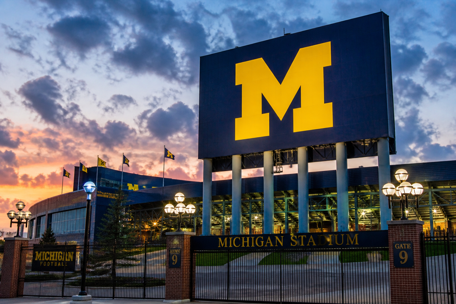 Exterior view of Michigan Stadium in Ann Arbor, home of University of Michigan football, during sunset