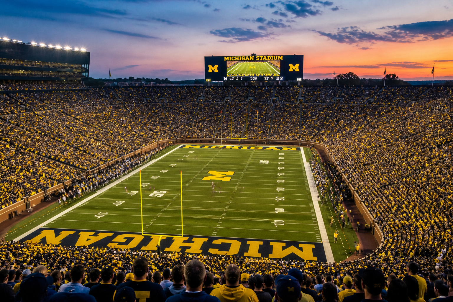 Inside Michigan Stadium during a football game with packed crowd and field view in Ann Arbor, Michigan