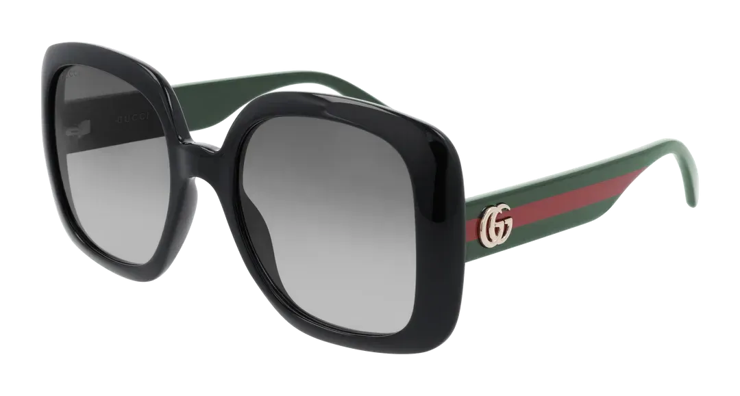 A pair of sunglasses with a black frame and a green and red stripe on the side.