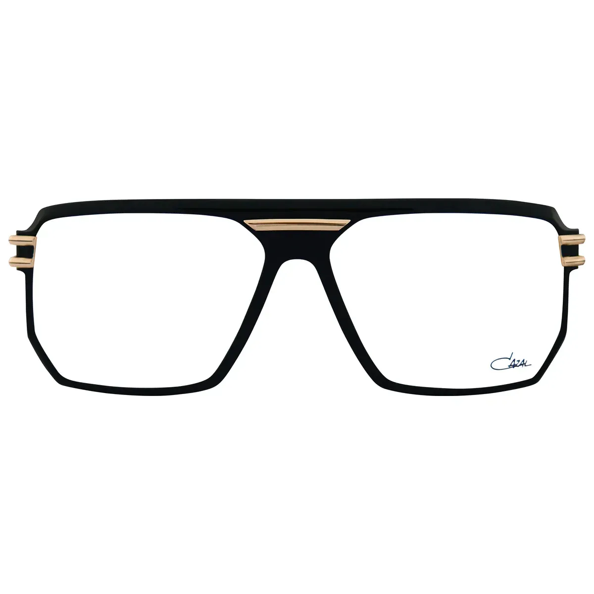 A pair of black and gold glasses on a white background.