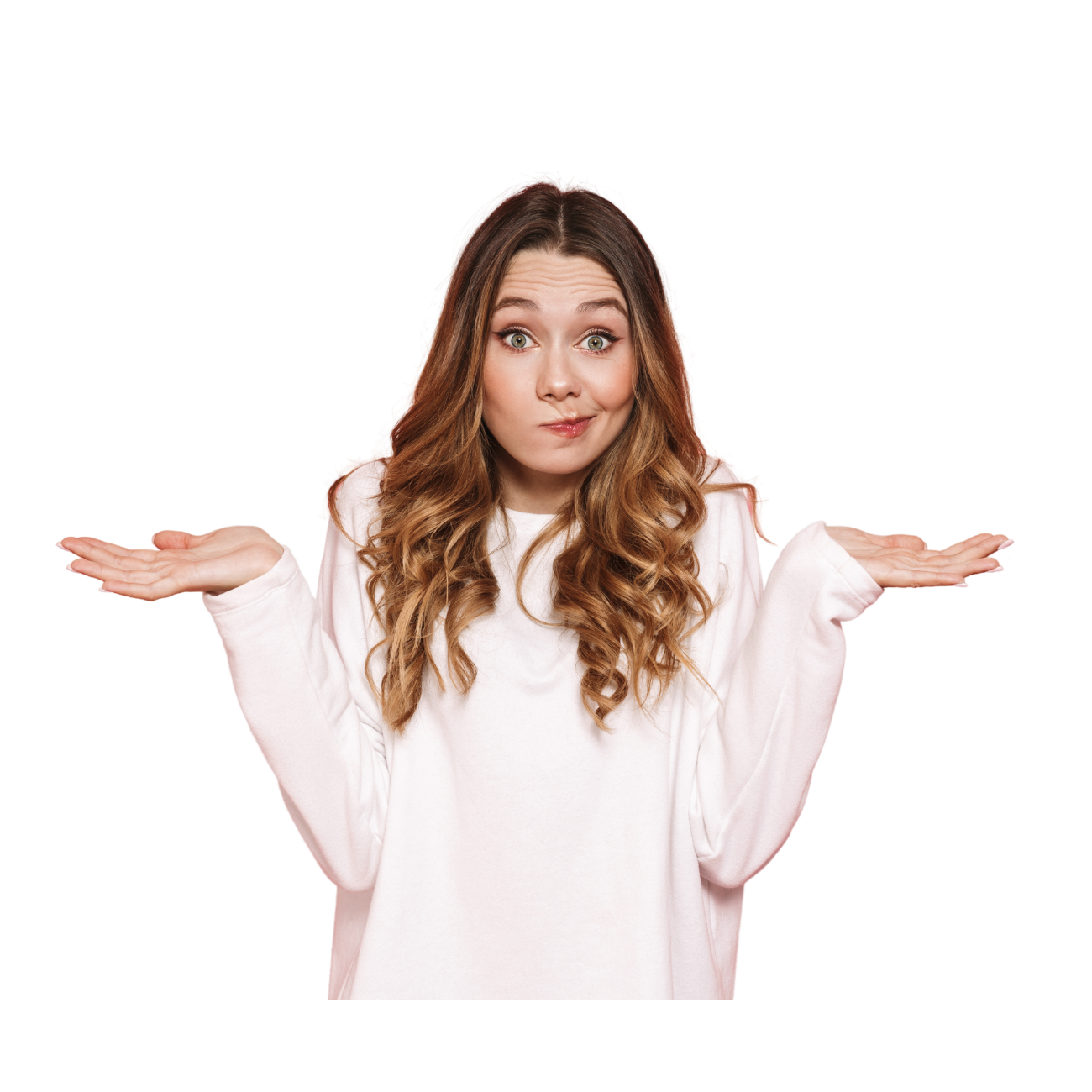 A woman in a white sweater is shrugging her shoulders.