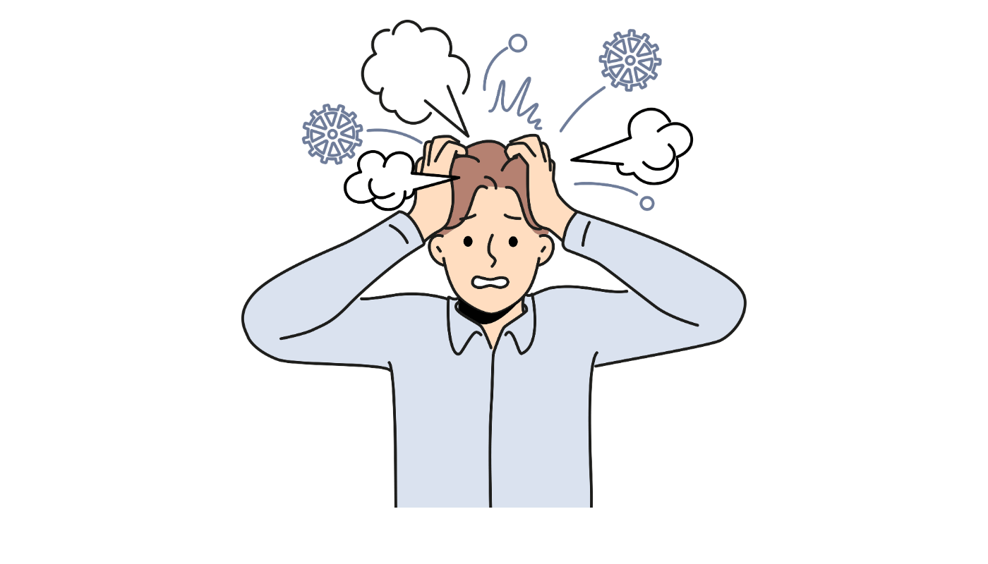 A man is holding his head with smoke coming out of his head.