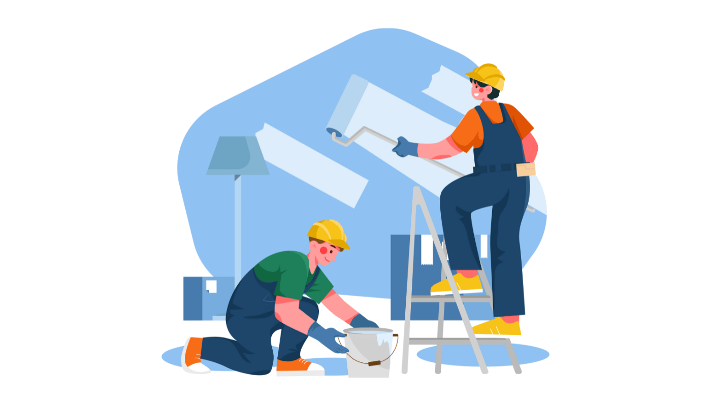 A couple of men are painting a wall together.