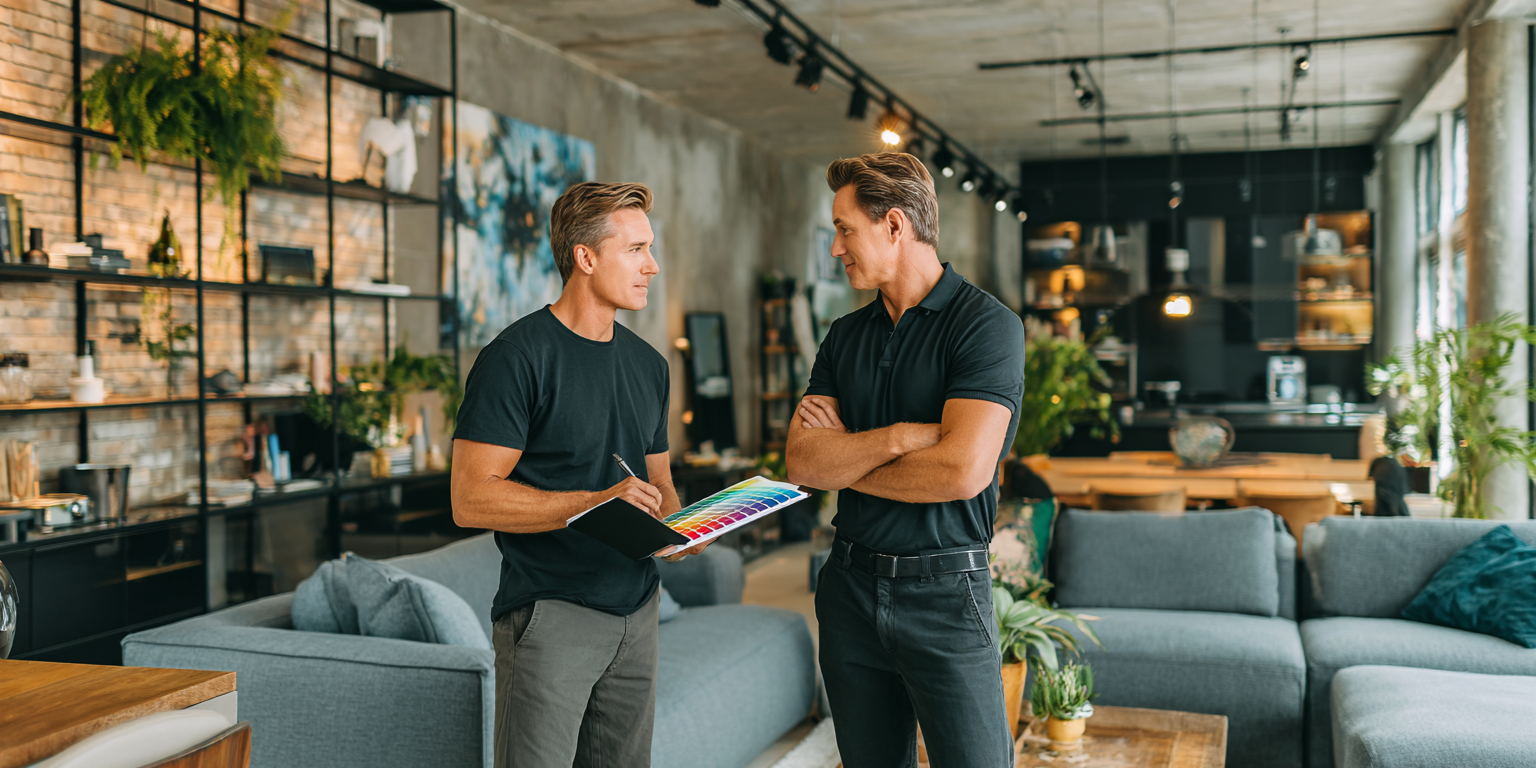 Two men in a modern living room discuss color palettes. One holds a clipboard, the other's arms are crossed.