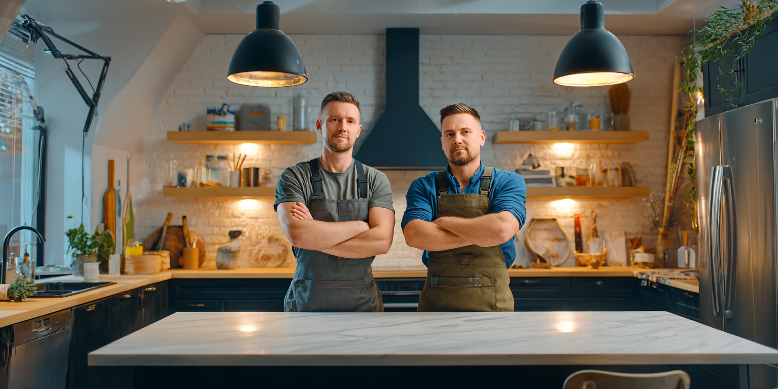 Two men standing in a kitchen, arms crossed. One wears a gray apron, the other, a green apron.