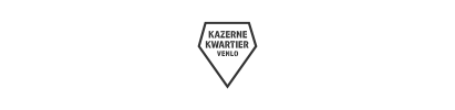 Een wit, vijhoekig icoon met zwarte tekst in drie regels: "KAZERNE KWARTIER VENLO".