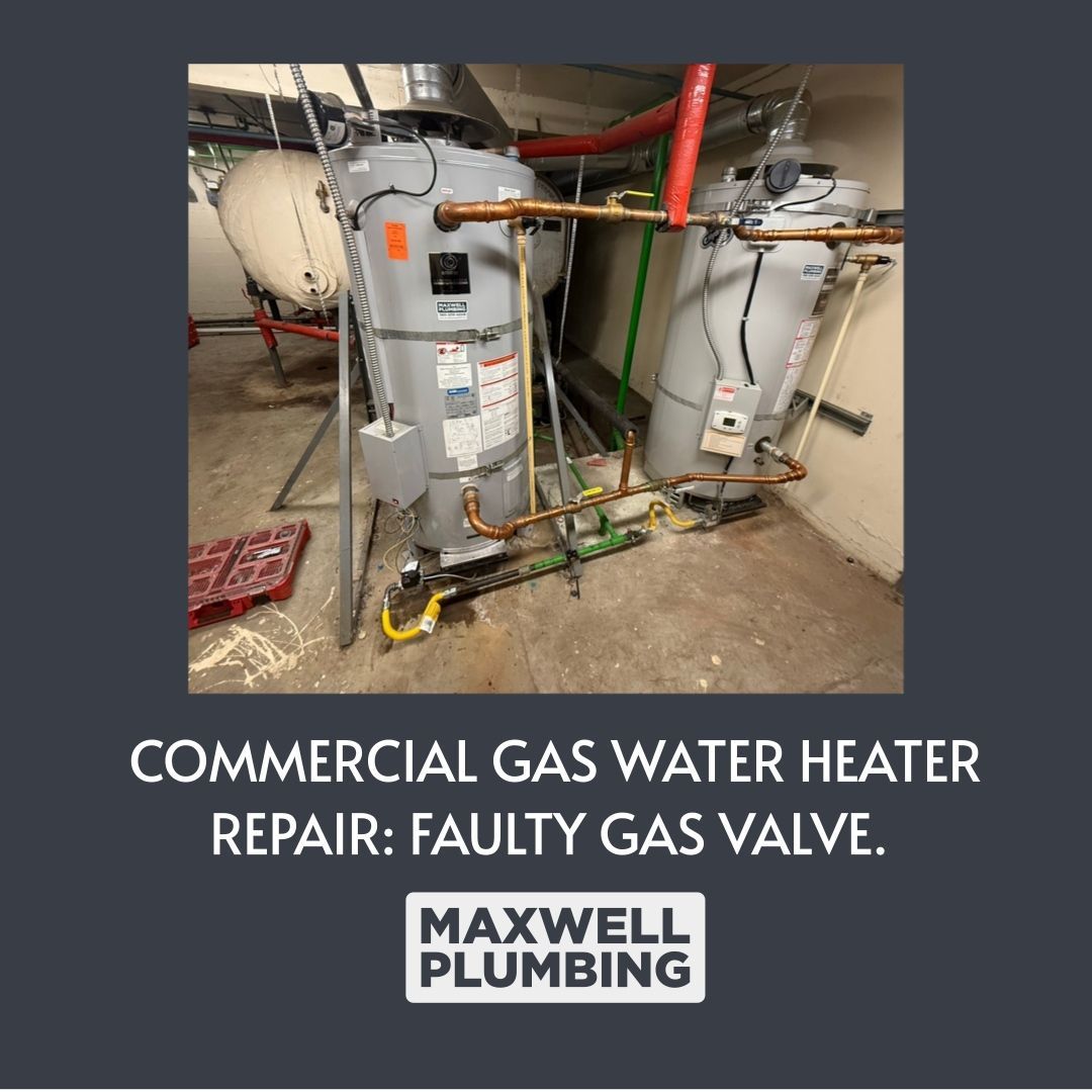 Commercial gas water heaters. Repairing faulty gas valve. Gray tanks, copper piping, Maxwell Plumbing logo.