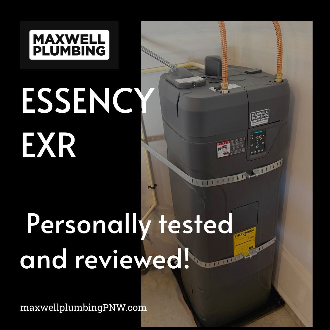 Maxwell Plumbing review of an Essency EXR water heater. Dark-gray appliance with text and logo on a white wall.