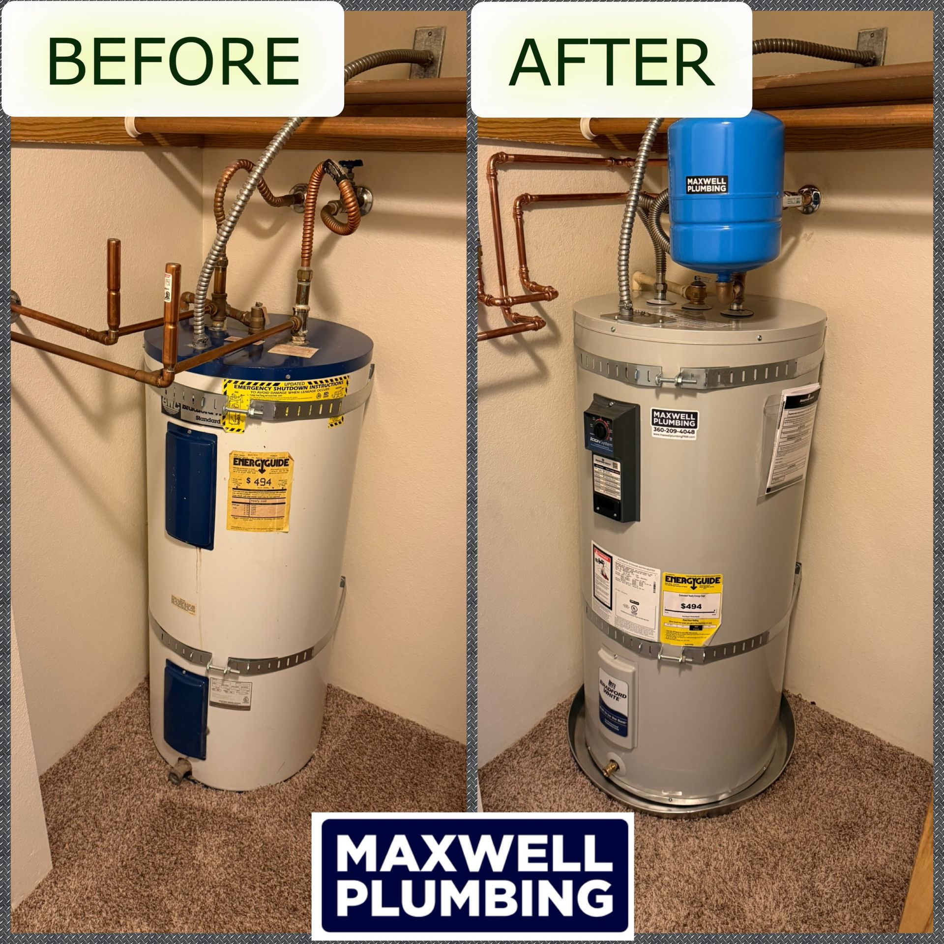 Before and after shots of a water heater replacement in a closet. The new heater includes a blue expansion tank.