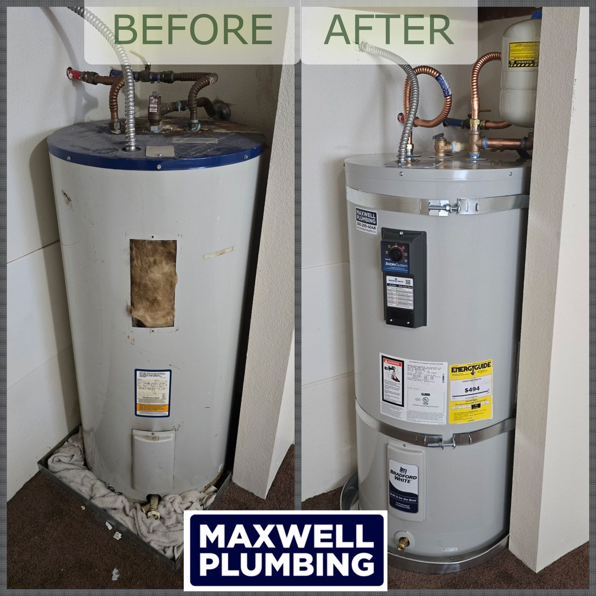 Comparison of a water heater before and after replacement by Maxwell Plumbing.