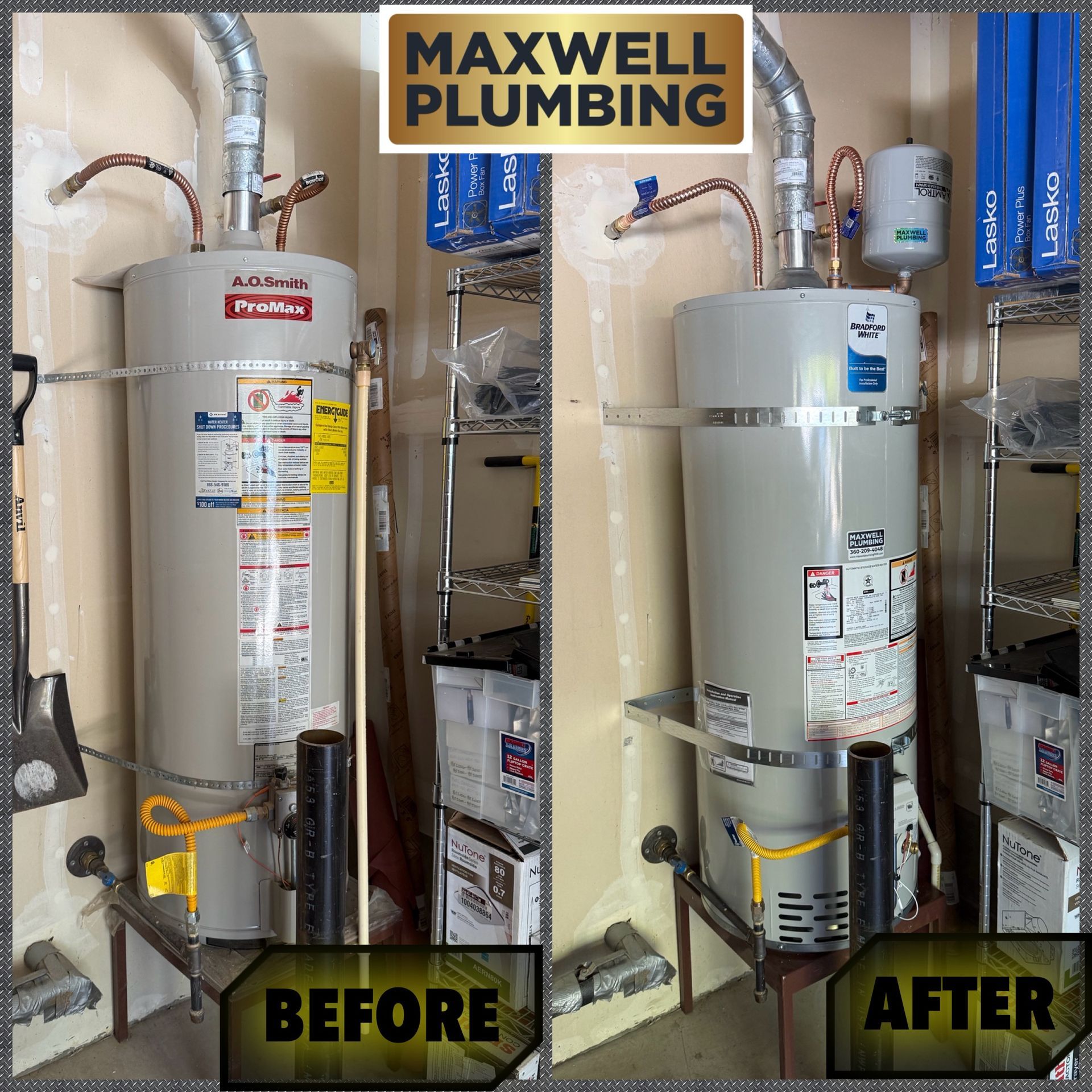 Before-and-after of a water heater replacement. The new heater appears cleaner than the old one in a garage setting.
