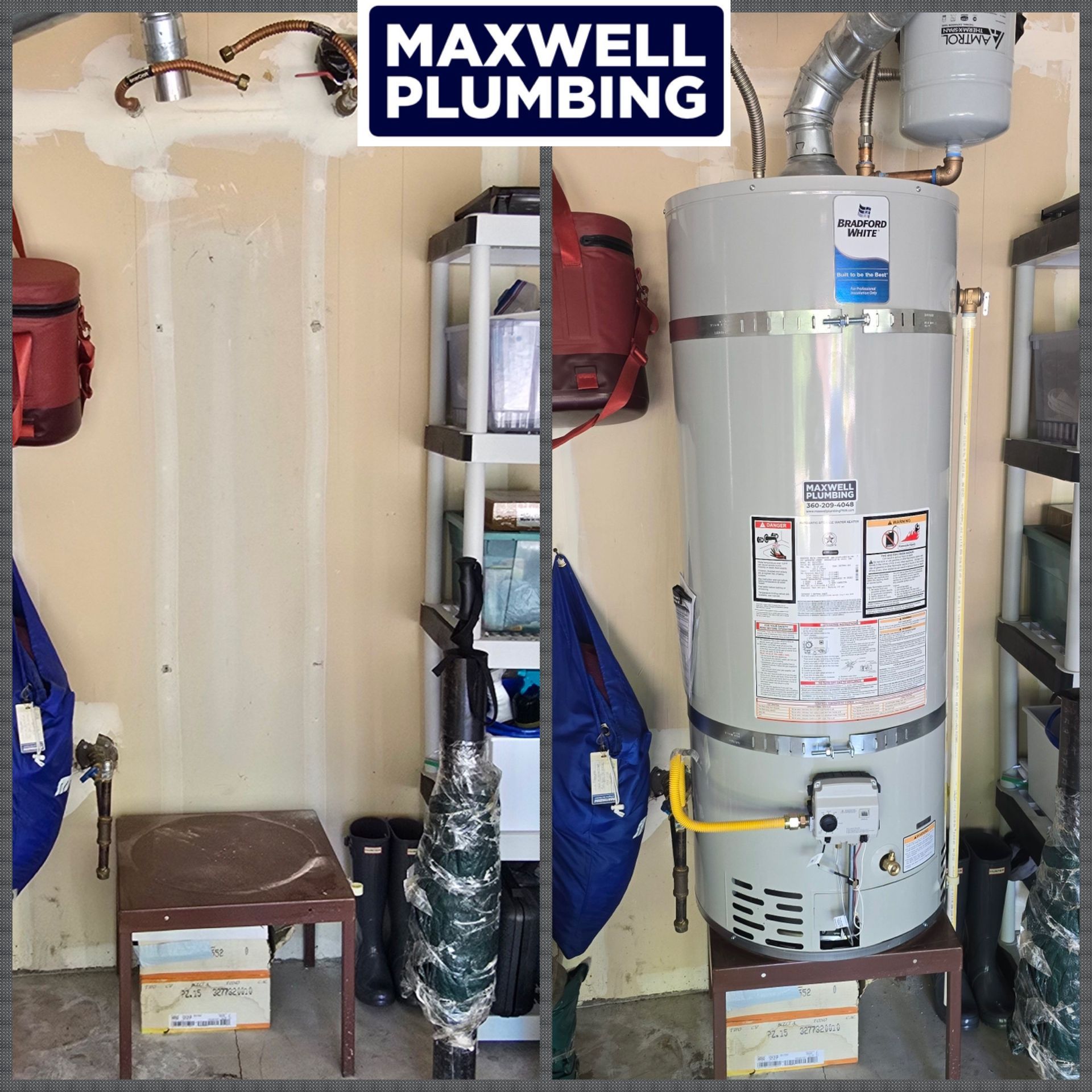 Before and After Water Heater done by Maxwell Plumbing journeyman plumber. 