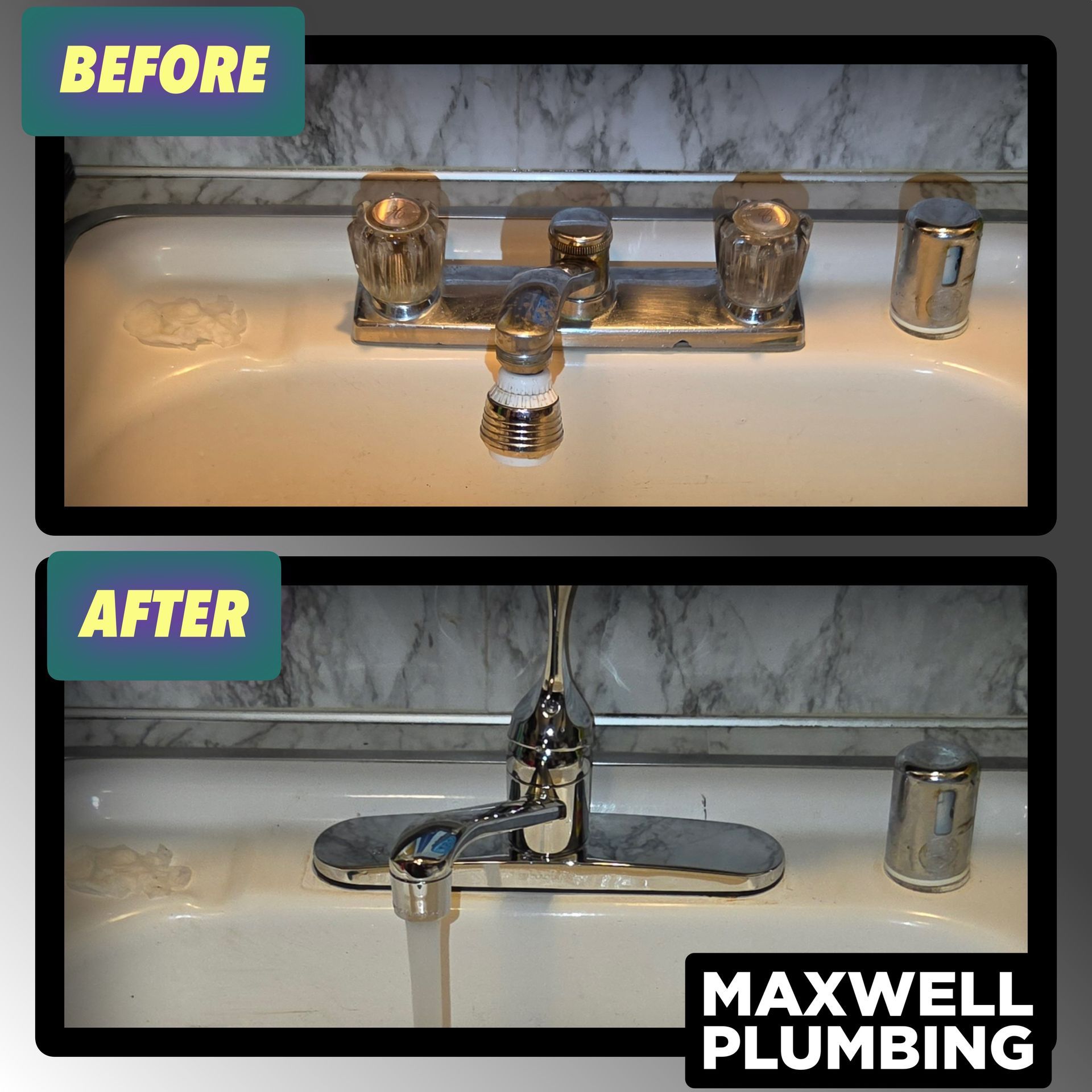 Before-and-after bathroom sink faucet replacement, showing old corroded fixture and new chrome faucet with running water.