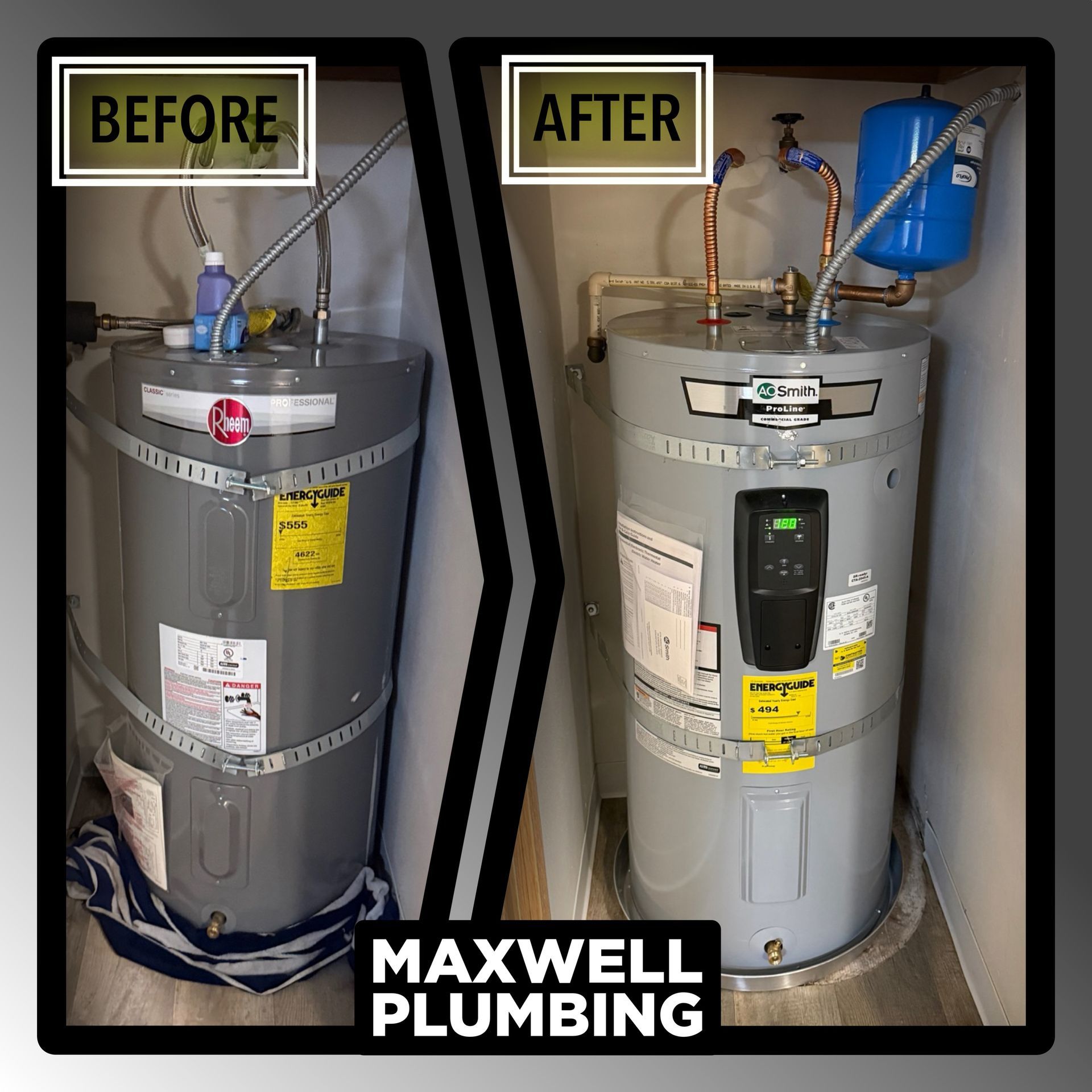 Before-and-after of a water heater installation by Maxwell Plumbing, showing an upgraded unit with added piping.