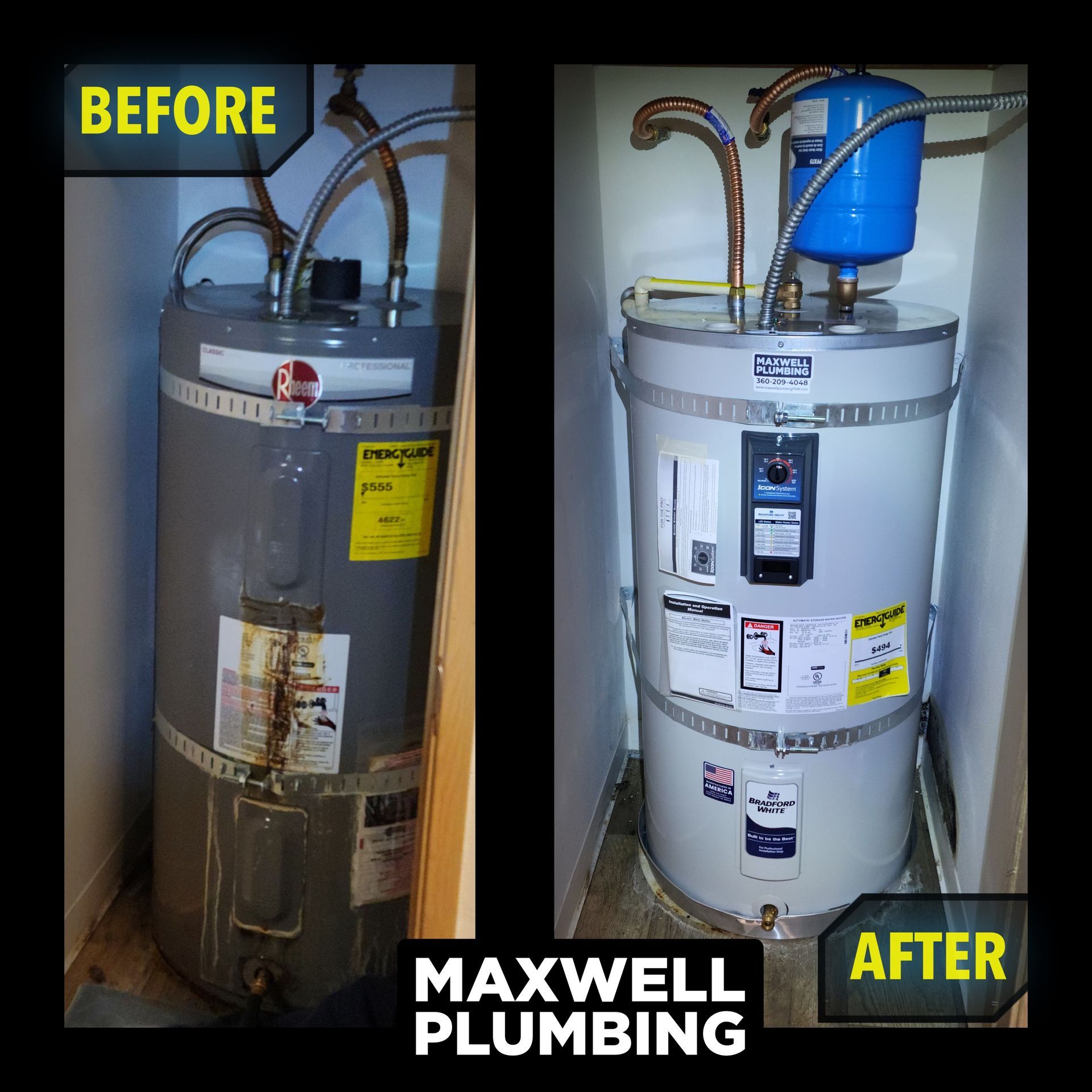 Before and After water heater installation done by Maxwell Plumbing in Vancouver, WA.