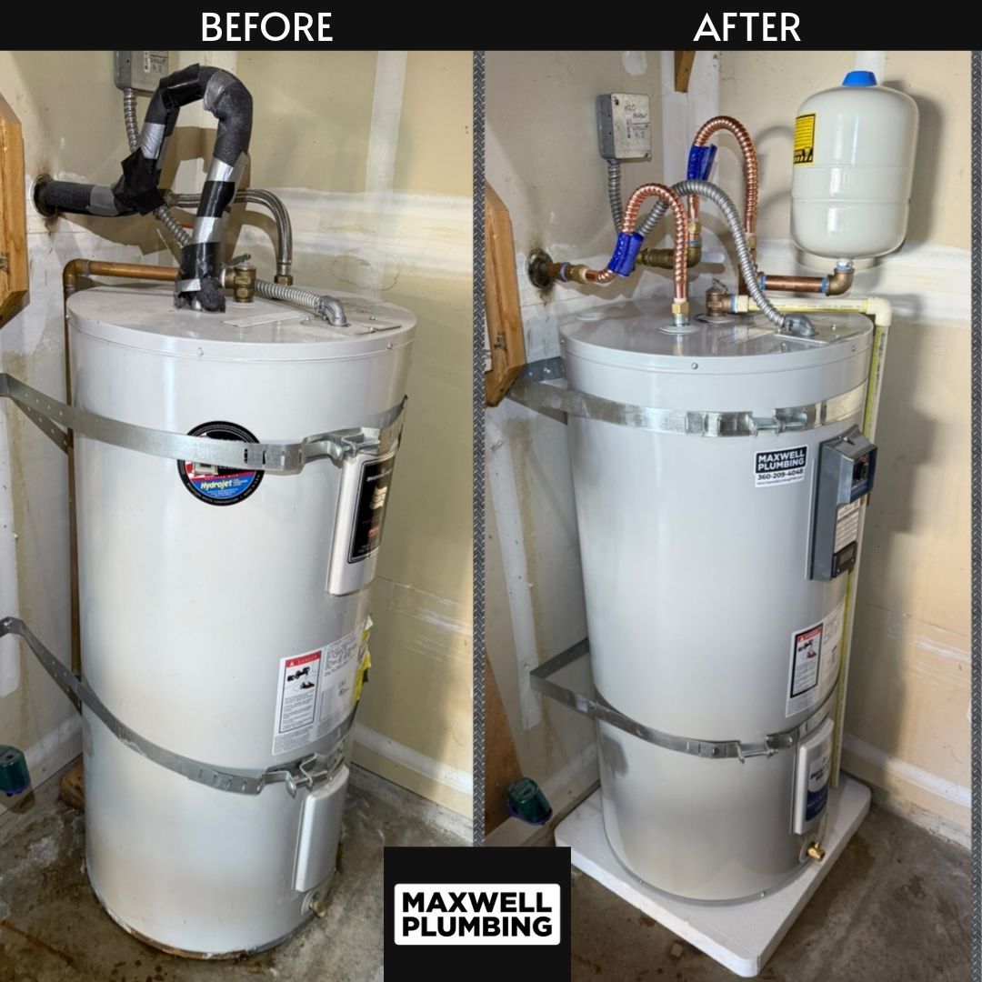 Before-and-after of water heater installation. Copper pipes and an expansion tank are added in the “after” image.