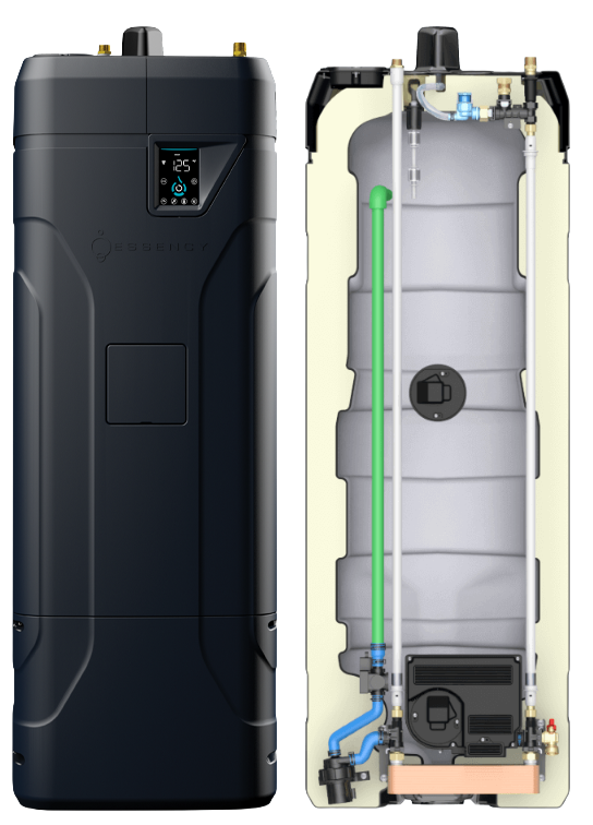 Black water heater, full view and cross-section, showing internal components including tank, pipes, and control panel.