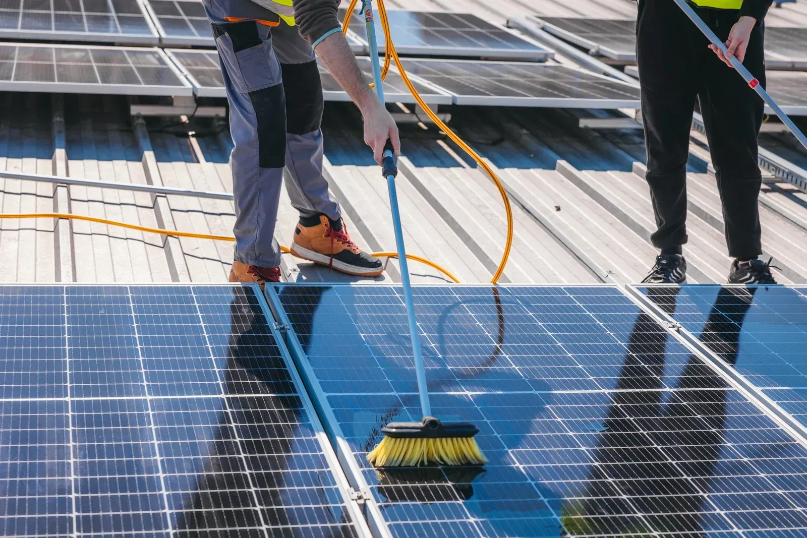 Workers cleaning solar panels on a rooftop with brushes and water.