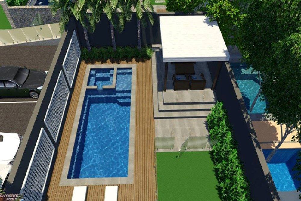 A Picture of a Medium Swimming Pool of a Brooklyn Slimline Pool & Spa Combo 8.2m x 3.5m — SJ Pools and Concreting in Dubbo, NSW