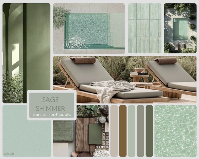 Miami shimmer mood board featuring turquoise water, palm trees, and neutral tones.