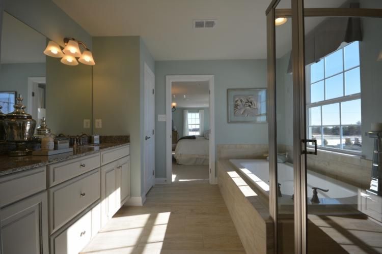 Light blue bathroom with a large window, shower, and vanity.