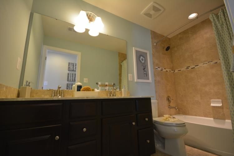 Bathroom with dark cabinets, large mirror, light blue walls, and tiled shower/tub.