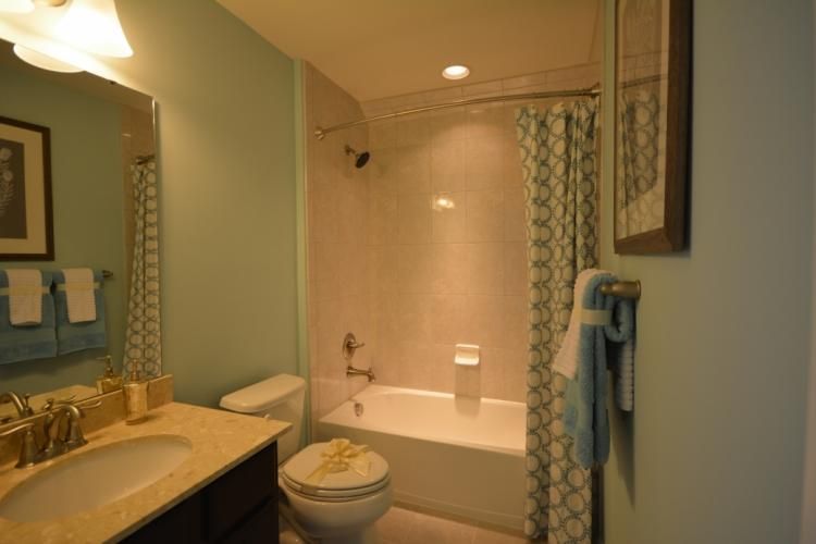 Bathroom with a blue-green color scheme, vanity, toilet, and bathtub with a shower curtain.