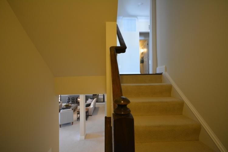 Staircase with carpeted steps and wooden railing leads upward. A door is visible at the top.