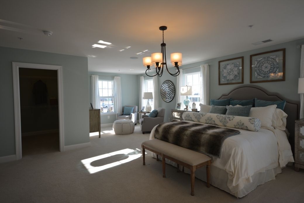 Spacious bedroom with blue walls, large bed, chandelier, and sunlight streaming through windows.